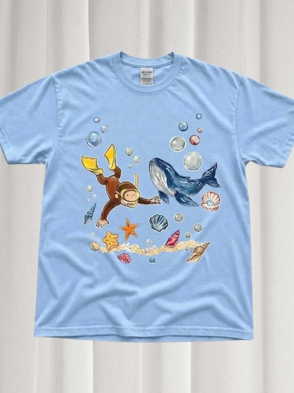 Gildan Light Blue Curious George With Ocean Graphic Tee
